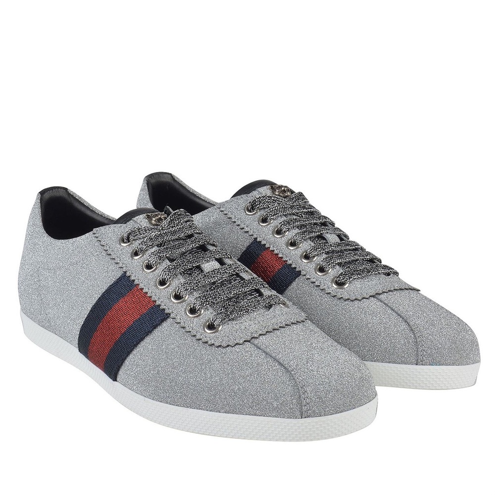 Gucci Silver Glitter Low-Top Sneakers with Navy & Red Web Stripe